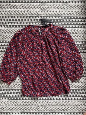 HARVÉ BENARD Burgundy Printed Tie-Front Blouse with Navy Leaf Motif